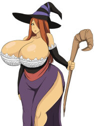 Rule 34 | 1girl, bare shoulders, breasts, cleavage, curvy, detached sleeves, dragon&#039;s crown, dress, female focus, gigantic breasts, hair over one eye, hat, red eyes, red hair, simple background, solo, sorceress (dragon&#039;s crown), staff, standing, thighs, white background, wide hips, witch hat, zeon (pixiv722928)