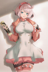 Rule 34 | 1girl, absurdres, ahoge, black gloves, bracelet, breasts, collar, covered navel, cowboy shot, dress, elphelt valentine, fingerless gloves, frilled dress, frills, gloves, green eyes, guilty gear, guilty gear strive, hairband, highres, holding, jacket, jewelry, large breasts, looking at viewer, open clothes, open jacket, pink hair, pink hairband, pink jacket, short hair, sion (im10042m), solo, spiked bracelet, spiked collar, spiked hairband, spikes, straight-on, tight clothes, tight dress, white dress