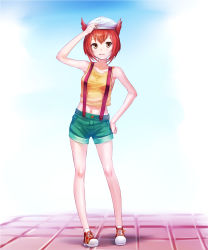 Rule 34 | 1girl, arm up, bare shoulders, bianca (pokemon heroes), breasts, brown eyes, collarbone, cosplay, creatures (company), crop top, crop top overhang, denim, denim shorts, full body, game freak, hand on own hip, hat, highres, looking at viewer, midriff, misty (pokemon), misty (pokemon) (cosplay), nanjyolno, navel, nintendo, orange hair, parted lips, pigeon-toed, pokemon, pokemon (anime), pokemon (classic anime), pokemon heroes: latios &amp; latias, red footwear, shadow, shirt, shoes, short hair, short shorts, shorts, sleeveless, sleeveless shirt, sneakers, solo, standing, suspenders, tank top, taut clothes, taut shirt, white hat, yellow shirt