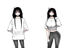 Rule 34 | ahoge, arm behind back, arms behind back, black hair, black pants, blush, breasts, closed mouth, clothes pull, highres, howjin, large breasts, long hair, original, pants, pink eyes, sequential, shirt pull, simple background, smile, standing, white background, yoga pants