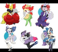 Rule 34 | 6+girls, alternate color, alternate shiny pokemon, animal ear fluff, animal ears, animal hands, animal nose, black bow, black flower, black gloves, black ribbon, black skirt, blue ribbon, blush, bonnet, bow, braixen, bun cover, claws, closed mouth, clothed pokemon, corset piercing, creatures (company), delphox, detached collar, double bun, ear piercing, eyeshadow, female focus, flat chest, flower, fork, fox ears, fox tail, frilled skirt, frills, from behind, full body, fur trim, furry, furry female, game freak, gen 6 pokemon, gloves, glowing, glowing eyes, hair bow, hair bun, hair flower, hair ornament, hair ribbon, half-closed eyes, hand up, happy, highres, holding, indian style, jpeg artifacts, legs together, letterboxed, looking at viewer, looking back, makeup, microskirt, multiple girls, nintendo, orange eyeshadow, piercing, pink bow, pokemon, pokemon (creature), purple ribbon, red bow, red eyes, ribbon, romeo (romeo pic), rose, see-through, shiny and normal, shiny pokemon, simple background, sitting, skirt, smile, smoking pipe, snout, standing, star (symbol), starfish hair ornament, stick, tail, teardrop tattoo, topless, white background, white bow, white flower, white legwear, white ribbon, white rose, zipper, zipper pull tab