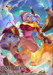 Rule 34 | 1girl, boots, charlotte smoothie, commentary request, copyright name, dust, from below, gloves, holding, holding sword, holding weapon, leotard, long hair, looking at viewer, nijimaarc, official art, one piece, one piece card game, pink leotard, scarf, smoke, solo, sword, unsheathed, weapon, yellow scarf