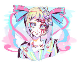 Rule 34 | 1girl, blonde hair, blood, blood on clothes, blood on face, blood splatter, blue bow, blue eyes, blue hair, bow, chouzetsusaikawa tenshi-chan, closed mouth, cropped torso, hair bow, highres, karyodares, long hair, looking at viewer, multicolored hair, needy girl overdose, pink bow, pink hair, quad tails, smile, solo, upper body