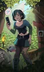 Rule 34 | 1girl, belt, black nails, black pantyhose, breasts, bug, cellphone, chris mclean, cleavage, commentary, english commentary, fly, forest, goth fashion, green lips, green skirt, gwen (total drama), highres, holding, holding phone, insect, jourd4n, medium breasts, midriff, multicolored hair, nature, navel, pantyhose, phone, piranha, skeleton, skirt, streaked hair, torch, total drama