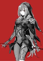 Rule 34 | 1girl, bodysuit, breasts, covered navel, fate/grand order, fate (series), gae bolg (fate), highres, holding, holding weapon, long hair, looking at viewer, monochrome, osakana (denpa yun&#039;yun), red background, red eyes, scathach (fate), scathach (fate), simple background, solo, veil, weapon