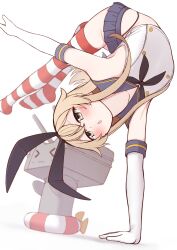 Rule 34 | 1girl, absurdres, arched back, black hairband, black neckerchief, black panties, blonde hair, blue sailor collar, blue skirt, blush, chestnut mouth, commentary request, crop top, elbow gloves, flexible, gloves, grey eyes, hairband, handstand, highleg, highleg panties, highres, kantai collection, long hair, microskirt, miniskirt, neckerchief, panties, pleated skirt, rensouhou-chan, sailor collar, shimakaze (kancolle), shirt, simple background, skirt, sleeveless, sleeveless shirt, solo, striped clothes, striped thighhighs, thighhighs, tiemu (man190), underwear, white background, white gloves