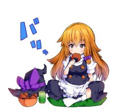 Rule 34 | 1girl, apron, arm support, black dress, blonde hair, blush, bobby socks, bow, bowl, braid, buttons, chibi, cup, dress, eating, food, full body, hair bow, hat, hat bow, unworn hat, unworn headwear, indian style, ishimu, kirisame marisa, long hair, looking at viewer, puffy short sleeves, puffy sleeves, purple bow, senbei, short sleeves, side braid, sitting, socks, solo, touhou, waist apron, white background, white socks, witch hat, yellow eyes