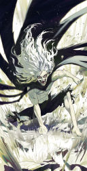 Rule 34 | 1boy, absurdres, barefoot, black cape, blurry, blurry foreground, boku no hero academia, cape, clenched hands, crack, cracked floor, dust, dust cloud, ghdwid, highres, long hair, looking at viewer, male focus, navel, open mouth, pants, red eyes, scar, scar across eye, scar on face, shigaraki tomura, smile, solo, spoilers, teeth, tongue, topless male, torn, torn cape, torn clothes, torn pants, white hair