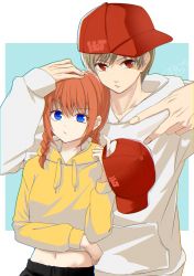 Rule 34 | 1boy, 1girl, absurdres, baseball cap, blue background, blue eyes, border, braid, brown hair, couple, gintama, hand on another&#039;s head, hat, highres, hood, hood down, hooded sweater, kagura (gintama), long hair, looking at viewer, midriff, navel, okita sougo, red eyes, red headwear, shinomy, short hair, stomach, sweater, twin braids, upper body, white border, white sweater, yellow sweater