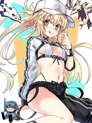 Rule 34 | 1girl, absurdres, artoria caster (fate), artoria caster (swimsuit) (fate), artoria caster (swimsuit) (first ascension) (fate), artoria pendragon (fate), asymmetrical clothes, asymmetrical pants, bikini, blonde hair, breasts, cropped jacket, ebora, fate/grand order, fate (series), green eyes, hat, highres, looking at viewer, medium breasts, midriff, navel, oberon (fate), open fly, pants, shrug (clothing), simple background, single pantsleg, swimsuit, tongue, tongue out, visor cap, white bikini