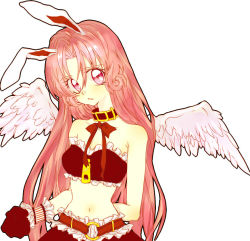 Rule 34 | 00s, 1girl, angel wings, animal ears, arm behind back, bare shoulders, bow, bowtie, rabbit ears, choker, feathered wings, full moon wo sagashite, gloves, head tilt, meroko yui, midriff, no headwear, parted lips, pink eyes, pink hair, ribbon, solo, white background, wings, wrist cuffs, yoshika (draw-happy-picture)