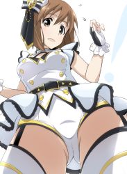 Rule 34 | 1girl, absurdres, antenna hair, belt, breasts, brown eyes, brown hair, commentary request, cowboy shot, fingerless gloves, foreshortening, from below, garter straps, gloves, gluteal fold, gold trim, hagiwara yukiho, hair ribbon, head tilt, highres, idolmaster, idolmaster (classic), looking at viewer, medium breasts, open mouth, ribbon, short hair, short shorts, shorts, simple background, smile, solo, sparkle, standing, thighhighs, thighs, top! clover, white background, white gloves, white thighhighs, yumekaranigeruna