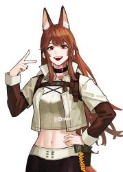 Rule 34 | 1girl, animal ear fluff, animal ears, arknights, breasts, brown eyes, brown hair, crop top, erober, extra ears, fox ears, fox girl, franka (arknights), franka (rainforest me rainbow) (arknights), hand on own hip, highres, jacket, long hair, long sleeves, looking at viewer, medium breasts, midriff, navel, official alternate costume, open clothes, open jacket, open mouth, shirt, simple background, smile, solo, v, white background