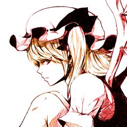 Rule 34 | 1girl, akishuon, blonde hair, female focus, flandre scarlet, from side, hat, inugami akito, mob cap, monochrome, pink theme, sketch, solo, spot color, touhou
