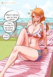 Rule 34 | 1girl, bikini, breasts, large breasts, long hair, nami (one piece), ocean, one piece, orange hair, swimsuit