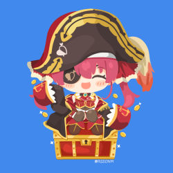 Rule 34 | 1girl, ascot, bicorne, black coat, blue background, blush, boots, brown footwear, chibi, chibi only, closed eyes, coat, commentary, eyepatch, fold-over boots, full body, gold trim, hand up, hat, hololive, houshou marine, off shoulder, open mouth, pirate, red ascot, red hair, rizu (rizunm), simple background, sitting on chest, sleeves past fingers, sleeves past wrists, smile, solo, treasure chest, twintails, twitter username, virtual youtuber, waving