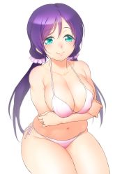 Rule 34 | 10s, 1girl, bikini, blush, breast hold, breasts, cleavage, crossed arms, curvy, female focus, green eyes, huge breasts, long hair, looking at viewer, love live!, love live! school idol project, low twintails, navel, onsoku inu, pink bikini, plump, purple hair, side-tie bikini bottom, simple background, sitting, smile, solo, swimsuit, thick thighs, thighs, tojo nozomi, twintails, white background, wide hips