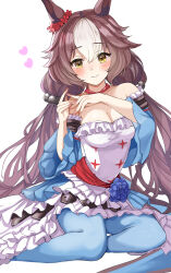 Rule 34 | 1girl, animal ears, blush, breasts, brown hair, cleavage, closed mouth, collarbone, commentary request, detached sleeves, hair ornament, hanamura pink, heart, highres, horse ears, horse girl, horse tail, long hair, looking at viewer, low twintails, medium breasts, seiza, sitting, solo, tail, thighhighs, twintails, umamusume, white background, yamanin zephyr (umamusume), yellow eyes