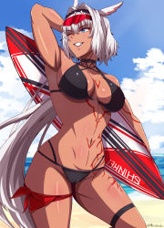Rule 34 | 1girl, abs, absurdres, armpits, arms up, bikini, black bikini, blue eyes, breasts, caenis (fate), caenis (swimsuit rider) (first ascension) (fate), cleavage, cowboy shot, dark-skinned female, dark skin, fate/grand order, fate (series), highres, holding, holding surfboard, large breasts, moussaka, navel, one eye closed, outdoors, parted lips, short hair, smile, solo, surfboard, swimsuit, thigh strap, white hair