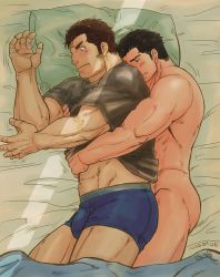 Rule 34 | 2boys, arm hair, bara, beard, black shirt, blue male underwear, blush, boxers, bulge, casual, clothes lift, completely nude, couple, cross scar, cuddling, facial hair, from above, from side, houzouin oniwaka, hug, hug from behind, kumagamike, leg hair, lifting another&#039;s clothes, long sideburns, lying, male focus, male underwear, mature male, midriff peek, motion lines, multiple boys, muscular, muscular male, navel hair, no pants, nude, on bed, on side, protagonist 3 (housamo), scar, scar on face, scar on forehead, shared pillow, shirt, shirt lift, short hair, sideburns, stubble, thighs, tokyo houkago summoners, twitching, underwear, yaoi