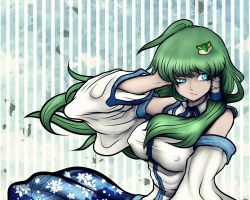 Rule 34 | 1girl, blue background, blue eyes, blue skirt, breasts, closed mouth, collared shirt, covered erect nipples, detached sleeves, expressionless, floral print, frog hair ornament, green hair, hair ornament, hair tubes, kochiya sanae, large breasts, long hair, looking at viewer, miazuma sarin, print skirt, shirt, skirt, sleeveless, sleeveless shirt, striped, striped background, third-party source, touhou, upper body, white sleeves
