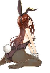 Rule 34 | 1girl, animal ears, ass, bare shoulders, black leotard, black pantyhose, breasts, brown eyes, erza scarlet, fairy tail, fake animal ears, feet, frown, hair over one eye, huge ass, leotard, long hair, looking back, mashima hiro, medium breasts, official art, pantyhose, playboy bunny, rabbit ears, rabbit tail, red hair, simple background, sitting, solo, tail, white background, wide hips, wrist cuffs