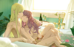 Rule 34 | 2girls, alcohol, blonde hair, breasts, couple, cup, drinking glass, highres, indoors, kaleido star, large breasts, layla hamilton, long hair, multiple girls, naegino sora, petals, petals on liquid, playing with another&#039;s hair, rekari (rekari628), same-sex bathing, shared bathing, very long hair, wine glass, yuri