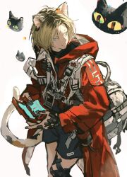 Rule 34 | 1boy, animal ears, animal print, blonde hair, blue shorts, cat ears, cat print, closed mouth, coat, haikyuu!!, handheld game console, highres, huangdanlan, kozume kenma, looking to the side, male focus, multicolored hair, red coat, shorts, simple background, solo, streaked hair, white background, yellow eyes