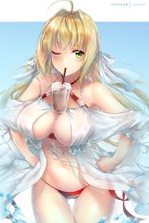 Rule 34 | 1girl, ahoge, bare shoulders, bikini, blonde hair, blush, breasts, bubble tea, bubble tea challenge, cleavage, cowboy shot, criss-cross halter, drinking straw, earrings, fate/grand order, fate (series), floating hair, gluteal fold, green eyes, hair intakes, halterneck, hands on own hips, jewelry, large breasts, long hair, looking at viewer, navel, nero claudius (fate), nero claudius (fate) (all), nero claudius (swimsuit caster) (fate), nero claudius (swimsuit caster) (third ascension) (fate), off shoulder, one eye closed, red bikini, rei kun, side-tie bikini bottom, solo, standing, stomach, striped bikini, striped clothes, swimsuit, thigh gap, thighs