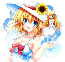 Rule 34 | 1girl, alice margatroid, alternate costume, bare shoulders, blonde hair, blue eyes, blue sky, bow, breasts, cleavage, cloud, collarbone, day, dress, flower, hair bow, hair flower, hair ornament, hat, highres, large breasts, long hair, matching shanghai, no bra, open mouth, osashin (osada), shanghai doll, sky, sleeveless, sleeveless dress, smile, sundress, sunflower, touhou, v arms, very long hair, white dress