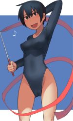 Rule 34 | 1girl, arm behind head, athletic leotard, black eyes, black hair, blush, breasts, collarbone, commentary request, covered erect nipples, cowboy shot, eighth note, fang, gluteal fold, gymnastics ribbon, highleg, highleg leotard, holding, leotard, looking at viewer, lvi, musical note, open mouth, original, revision, short hair, solo, standing, thigh gap