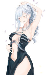 Rule 34 | 1girl, absurdres, ak-12 (girls&#039; frontline), ak-12 (quiet azure) (girls&#039; frontline), armpits, bare arms, bare shoulders, black dress, braid, breasts, center opening, closed eyes, closed mouth, collarbone, commentary request, cowboy shot, dress, earrings, facing viewer, girls&#039; frontline, hair tie in mouth, head tilt, highres, jewelry, long hair, medium breasts, mouth hold, navel, official alternate costume, ponytail, ru zhai, side slit, sidelocks, silver hair, simple background, sleeveless, sleeveless dress, smile, solo, standing, stomach, thighs, white background
