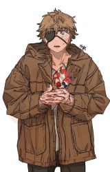 Rule 34 | 1boy, berry, blonde hair, blush, brown hoodie, chainsaw man, coat, denji (chainsaw man), eyepatch, food, fruit, grey shirt, highres, holding, holding food, holding ice cream, hood, hoodie, ice cream, looking at viewer, open mouth, pocky, sharp teeth, shirt, short hair, simple background, solo, standing, strawberry, tasuketemama, teeth, trench coat, white background