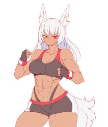 Rule 34 | 1girl, abs, animal ears, artist request, breasts, character request, dark skin, highres, long hair, muscular, muscular female, red eyes, silver hair, tagme, tail