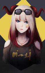 Rule 34 | 1girl, bare shoulders, black shirt, blue eyes, closed mouth, clothing cutout, collarbone, curled horns, eyewear on head, facial mark, gradient hair, head tilt, highres, horns, jewelry, light brown hair, long hair, looking at viewer, multicolored hair, original, pendant, red hair, shimmer, shirt, shoulder cutout, solo, sunglasses