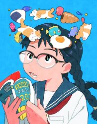Rule 34 | 1girl, 2023, artist name, black-framed eyewear, black eyes, black hair, book, braid, breast pocket, candy, cat, chocolate, commentary request, croissant, dated commentary, dizzy, fingernails, fish, floating, floating object, food, glasses, halo, highres, long hair, looking up, lower teeth only, multicolored eyes, necktie, octopus, onigiri, onoconokoko0625, open book, open mouth, original, over-rim eyewear, paper texture, pastry, pocket, polka dot, red necktie, school uniform, semi-rimless eyewear, serafuku, shirt, solo, star (symbol), striped, teeth, textbook, tropical fish, twin braids, upper body, white shirt, white stripes