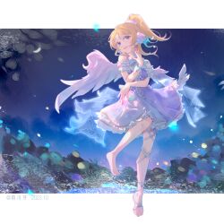 Rule 34 | 1girl, artist request, ayase eli, bare shoulders, birthday, blonde hair, dress, highres, looking at viewer, love live!, ponytail, smile, solo, white dress, wings