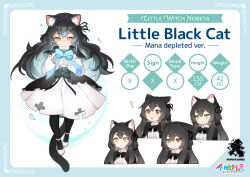 Rule 34 | !, 1girl, absurdres, animal ear fluff, animal ears, black bow, black bowtie, black hair, black pantyhose, black tail, blue bow, blue bowtie, bow, bowtie, cat day, cat ears, cat girl, cat tail, character name, character profile, closed mouth, company name, copyright name, dot nose, dress, female focus, full body, height, highres, little witch nobeta, logo, long hair, long sleeves, looking down, multiple views, official art, pantyhose, phyllis (human) (little witch nobeta), phyllis (little witch nobeta), shoes, solo focus, standing, tail, very long hair, weight, white dress, white footwear, yellow eyes