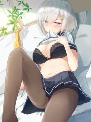 Rule 34 | 10s, 1girl, absurdres, bed, bed sheet, belly, black bra, black pantyhose, blue eyes, blush, bra, breasts, commentary request, dutch angle, eyebrows, eyes visible through hair, gloves, unworn gloves, hair ornament, hair over one eye, hairclip, half-closed eyes, hamakaze (kancolle), hand on own chest, highres, igayan, kantai collection, large breasts, looking at viewer, lying, midriff, mouth hold, navel, on back, pantyhose, pillow, pleated skirt, school uniform, serafuku, short sleeves, silver hair, skirt, solo, underwear