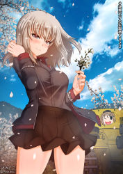 Rule 34 | 1girl, black skirt, blue eyes, blush, breasts, cherry blossoms, closed mouth, girls und panzer, highres, itsumi erika, kuromorimine military uniform, large breasts, looking at viewer, medium hair, megadeko, military, military uniform, military vehicle, miniskirt, motor vehicle, outdoors, pleated skirt, silver hair, skirt, sky, smile, solo, tank, uniform