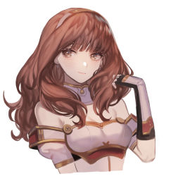 Rule 34 | 1girl, arm guards, armor, bare shoulders, black gloves, blunt bangs, breastplate, breasts, cape, celica (fire emblem), cleavage, closed mouth, collar, dress, earrings, elbow gloves, fingerless gloves, fire emblem, fire emblem echoes: shadows of valentia, gloves, hand in own hair, jewelry, long hair, looking at viewer, nintendo, off shoulder, red armor, red eyes, red hair, simple background, small breasts, smile, solo, tiara, upper body, white armor, white background, zuizi