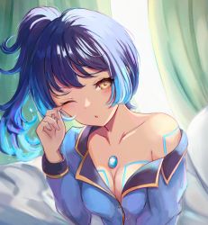 Rule 34 | 1girl, bed sheet, blue hair, blue shirt, breasts, chest jewel, cleavage, collarbone, curtains, dress shirt, fiery hair, glowing lines, leonmandala, long sleeves, looking at viewer, medium hair, off shoulder, one eye closed, open mouth, rubbing eyes, sena (xenoblade), shirt, side ponytail, small breasts, solo, upper body, waking up, window, xenoblade chronicles (series), xenoblade chronicles 3, yellow eyes