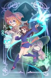Rule 34 | 10s, 3girls, boots, brown hair, channelsquare, dress, freckles, glasses, hair over one eye, hairband, hat, kagari atsuko, little witch academia, long hair, lotte jansson, multiple girls, open mouth, orange hair, pink hair, purple hair, red eyes, short hair, skirt, smile, sucy manbavaran, witch, witch hat