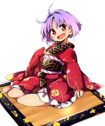 Rule 34 | 1girl, :d, ahoge, baba (baba seimaijo), barefoot, commentary request, full body, highres, japanese clothes, kimono, long sleeves, looking at viewer, obi, open mouth, purple hair, red eyes, sash, short hair, sitting, smile, solo, sukuna shinmyoumaru, touhou, transparent background, wide sleeves, yokozuwari