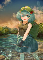 Rule 34 | 1girl, absurdres, backpack, bag, blue hair, caustics, cloud, cloudy sky, ekaapetto, gloves, green hat, hair bobbles, hair ornament, hat, highres, kawashiro nitori, key, mountain, open mouth, river, skirt, sky, solo, sunset, touhou, two side up, wading, water