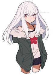 Rule 34 | 1girl, alternate costume, black camisole, black shorts, blush, camisole, closed mouth, collarbone, cosplay, cropped legs, do m kaeru, fire emblem, fire emblem: three houses, fur-trimmed jacket, fur trim, green jacket, hand in pocket, jacket, long hair, long sleeves, looking at viewer, lysithea von ordelia, nintendo, off shoulder, open clothes, open jacket, persona, persona 5, pink eyes, pocket, print shirt, revision, sakura futaba, sakura futaba (cosplay), shirt, short shorts, shorts, simple background, solo, voice actor connection, white background, white hair, white shirt, yuuki aoi