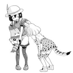 Rule 34 | 10s, 2girls, animal ears, backpack, bag, bare shoulders, bent over, bucket hat, closed eyes, gloves, greyscale, hat, kaban (kemono friends), kemono friends, pantyhose under shorts, lucky beast (kemono friends), monochrome, multiple girls, pantyhose, serval (kemono friends), serval print, serval tail, shirt, short hair, shorts, skirt, t-shirt, tail, thighhighs, yucke0808