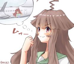Rule 34 | 10s, 1girl, ahoge, aircraft, airplane, brown eyes, brown hair, commentary request, highres, imagining, kantai collection, kuma (kancolle), long hair, otoichi, simple background, smile, solo, twitter username