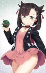 Rule 34 | 1girl, black choker, black hair, black jacket, blush, choker, closed mouth, collarbone, commentary request, creatures (company), dress, dusk ball, game freak, green eyes, hair ribbon, holding, holding poke ball, jacket, long hair, long sleeves, looking at viewer, marnie (pokemon), nenosame, nintendo, open clothes, open jacket, pink dress, poke ball, pokemon, pokemon swsh, red ribbon, ribbon, solo, twintails