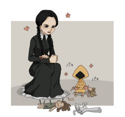 Rule 34 | 2girls, addams family, black dress, black hair, braid, crossover, doll, dress, full body, highres, little nightmares (series), multiple girls, raincoat, six (little nightmares), size difference, squatting, twin braids, twintails, wednesday addams, yellow raincoat